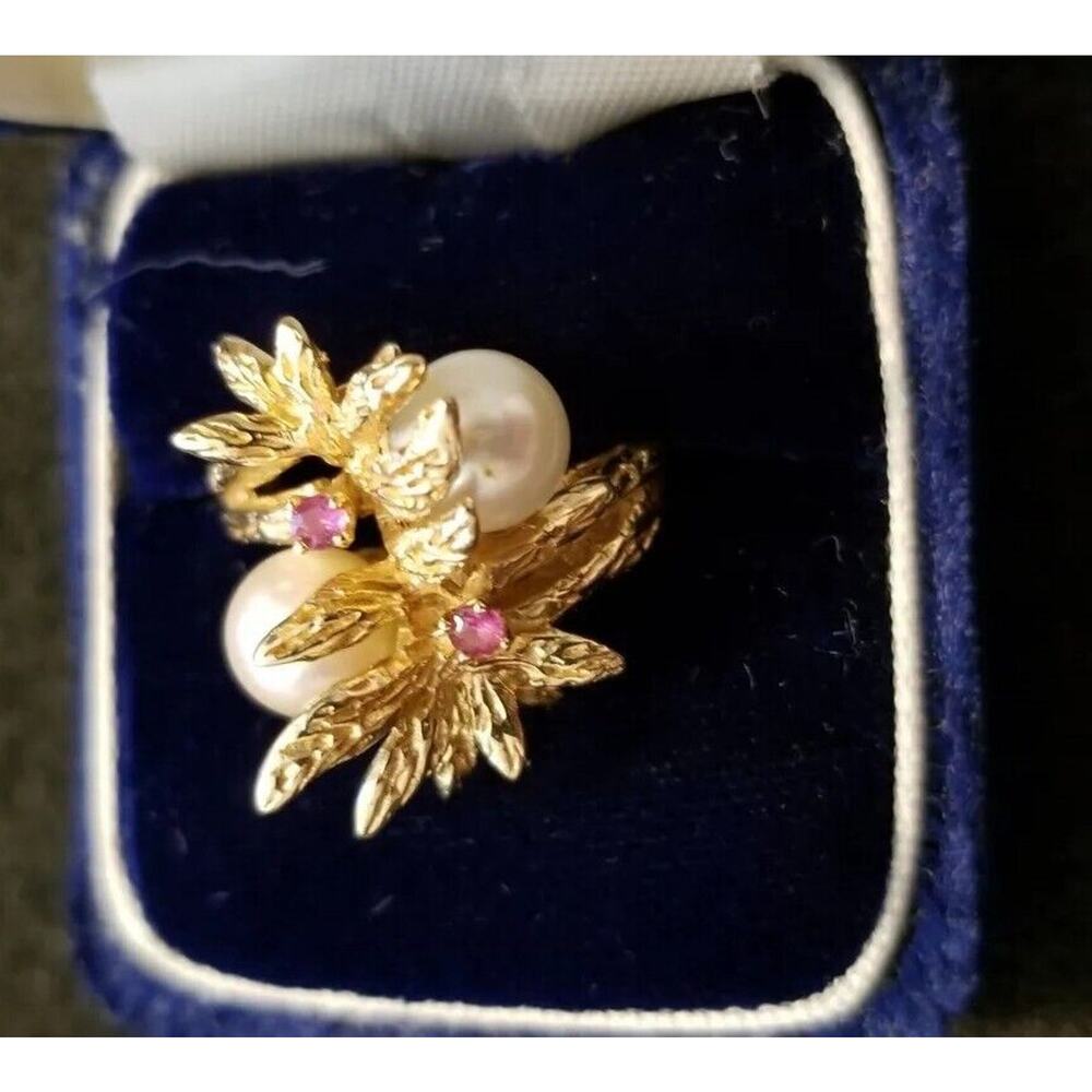Estate Ladies 14K Gold Pearl & Pink Saphhire Ring Sz 4.5 Bold Statement Ring - Picture 2 of 12